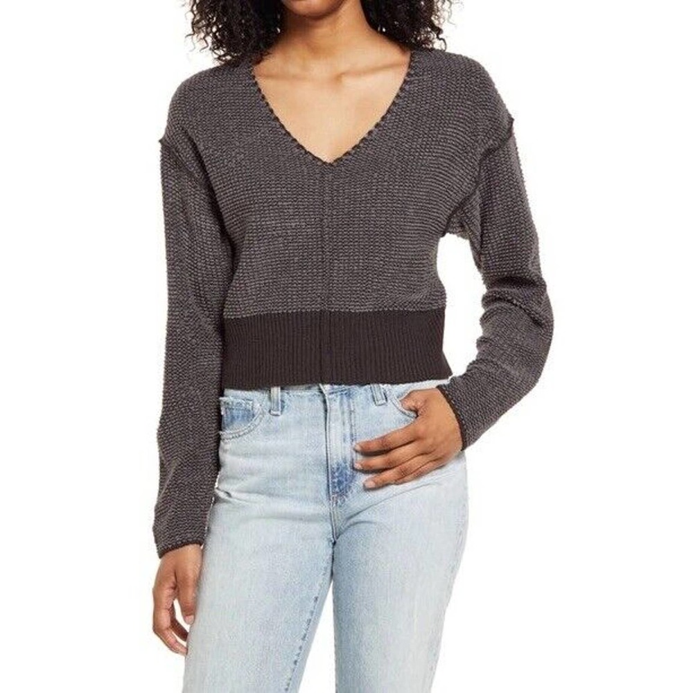 Socialite New Slouchy Loop V Neck Long Sleeve Pullover Sweater in Charcoal M